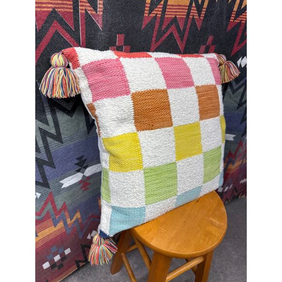 Rainbow Plush Soft Checkerboard Large Accent Pillow Tassel 19” square Home Decor - Picture 3 of 6